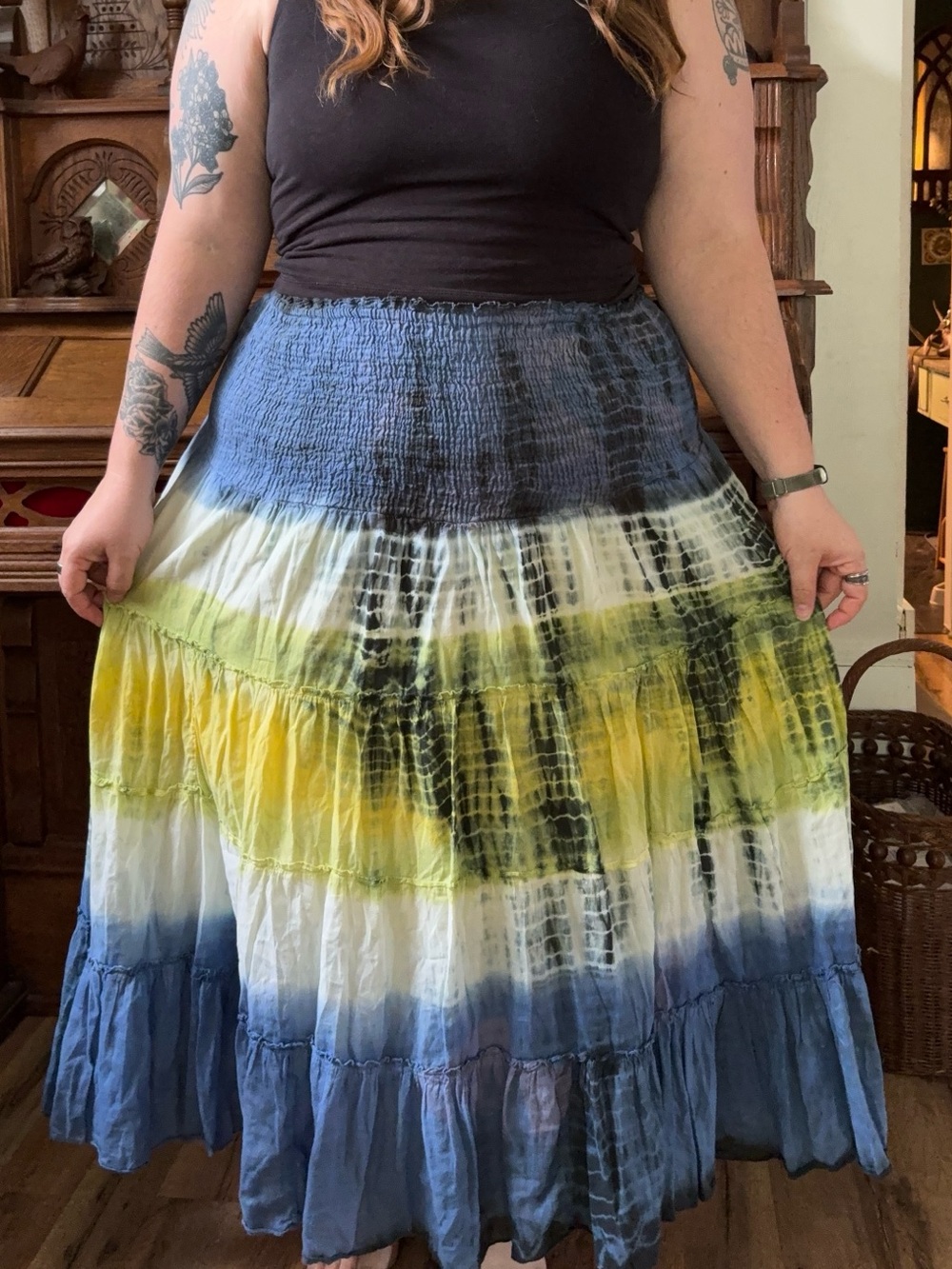 Cato Tie-Dye Maxi Skirt in Blue, Yellow & Green
